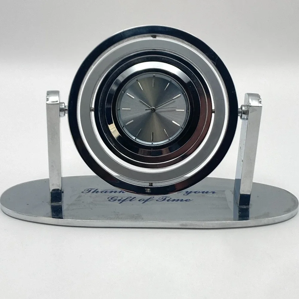 Modern Desk Clock Service Gift Silver Tone Matte Polished New Battery Works